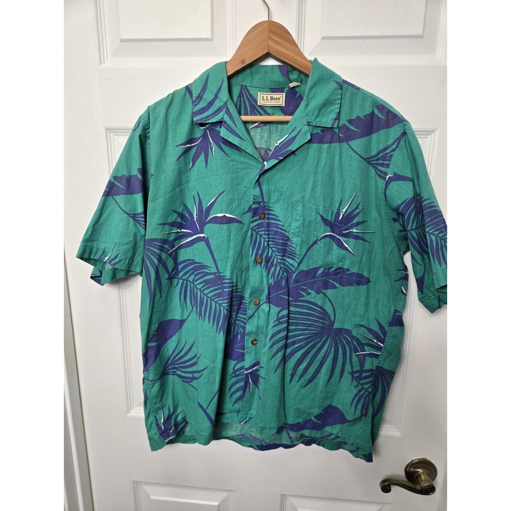 Vintage LL Bean Mens Hawaiian Shirt Button Down Floral Green Blue Cotton USA L